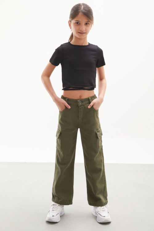 Haki Kargo Cepli Geniş Paça Kız Çocuk Jean Pantolon 18115