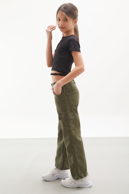 Haki Kargo Cepli Geniş Paça Kız Çocuk Jean Pantolon 18115