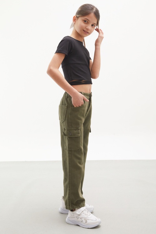 Haki Kargo Cepli Geniş Paça Kız Çocuk Jean Pantolon 18115