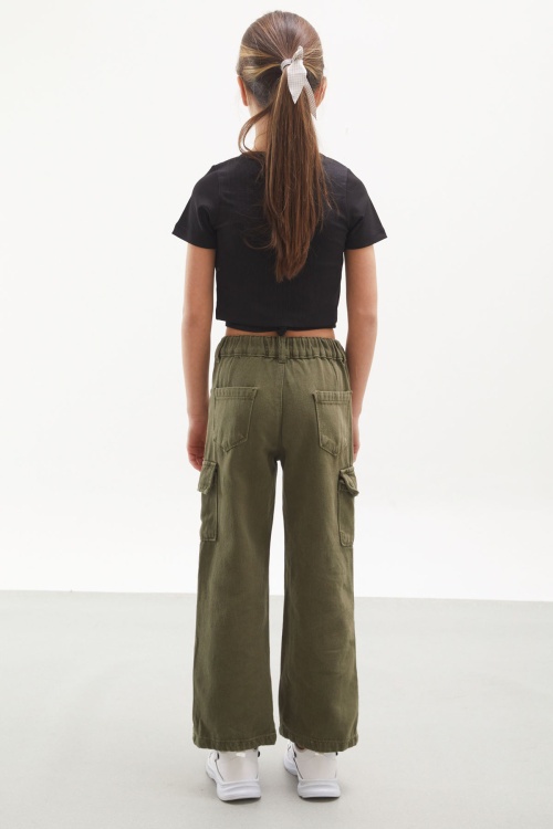 Haki Kargo Cepli Geniş Paça Kız Çocuk Jean Pantolon 18115