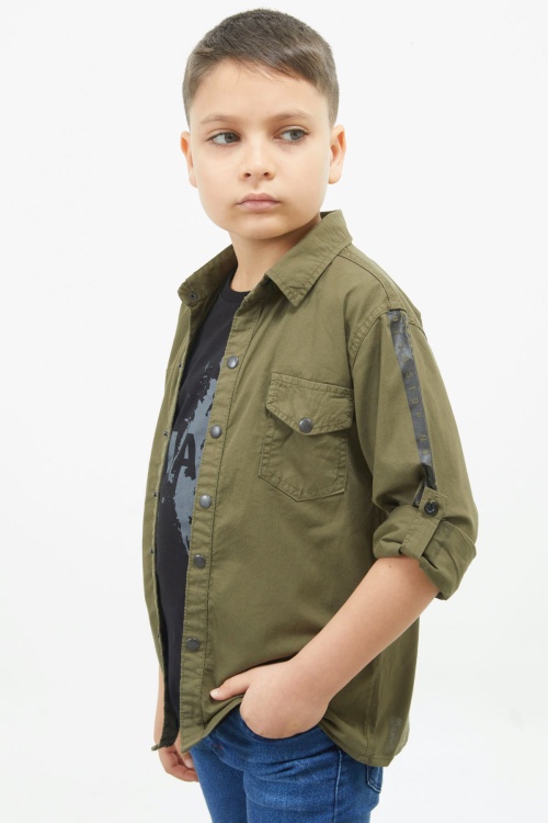 Haki Kolları Şerit Yazılı Jean Gömlekli Tişört Erkek Çocuk 2li Takım 17645