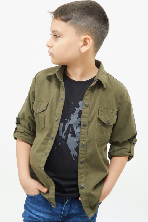 Haki Kolları Şerit Yazılı Jean Gömlekli Tişört Erkek Çocuk 2li Takım 17645