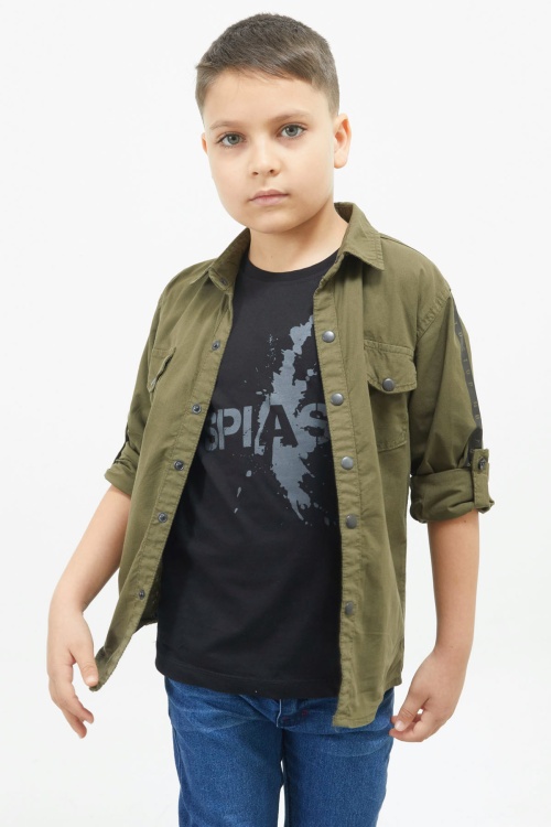 Haki Kolları Şerit Yazılı Jean Gömlekli Tişört Erkek Çocuk 2li Takım 17645