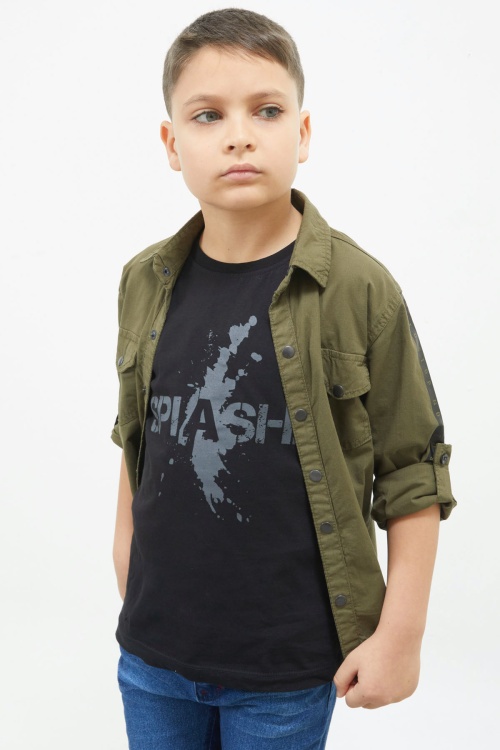 Haki Kolları Şerit Yazılı Jean Gömlekli Tişört Erkek Çocuk 2li Takım 17645