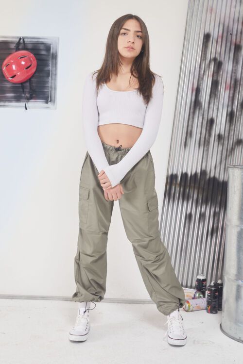 Haki Lastikli Paça Kargo Cepli Kız Çocuk Paraşüt Pantolon 17563