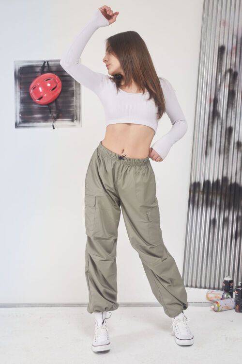 Haki Lastikli Paça Kargo Cepli Kız Çocuk Paraşüt Pantolon 17563