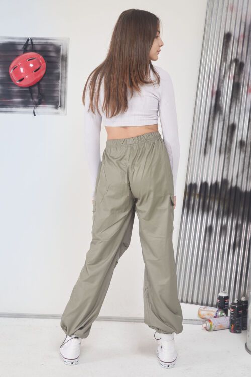 Haki Lastikli Paça Kargo Cepli Kız Çocuk Paraşüt Pantolon 17563