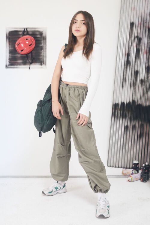 Haki Lastikli Paça Kız Çocuk Paraşüt Pantolon 17560