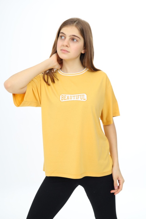 Hardal Beautiful Yazılı Oversize Kız Tişört 17815