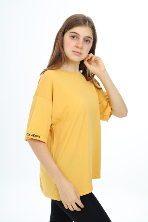 Hardal Düz Bisiklet Yaka Kız Tişört 18038