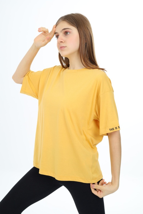 Hardal Düz Bisiklet Yaka Kız Tişört 18038