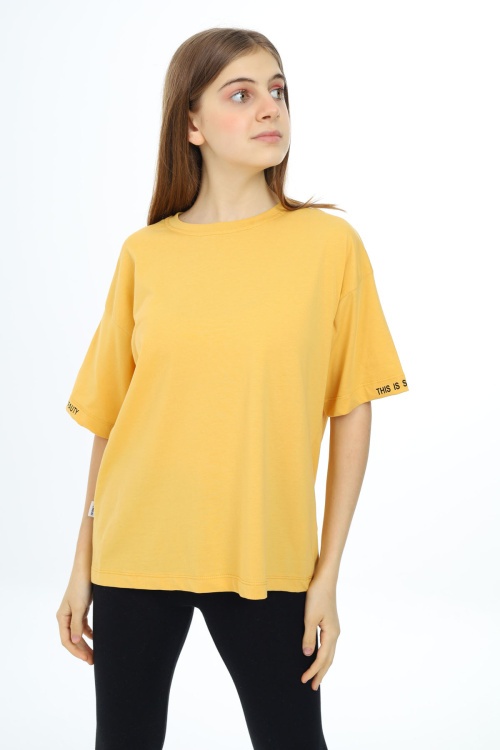 Hardal Düz Bisiklet Yaka Kız Tişört 18038