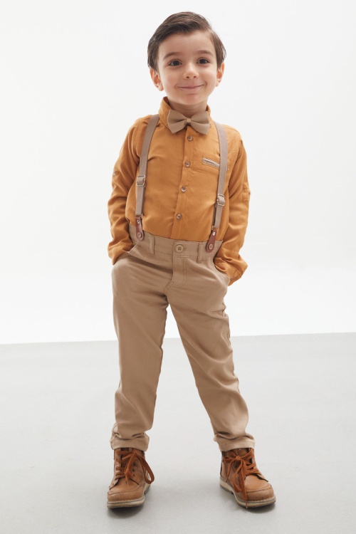 Hardal Gömlekli Askılı Pantolonlu Erkek Çocuk Papyonlu Takım 18128