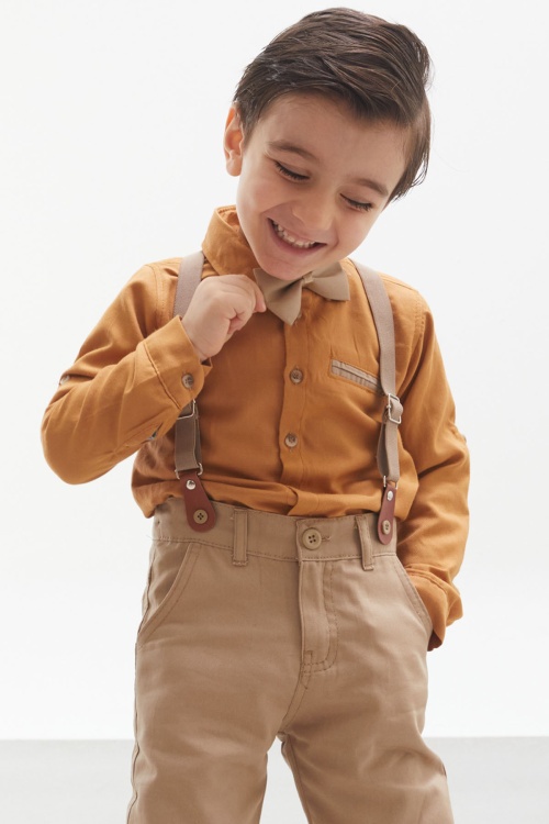 Hardal Gömlekli Askılı Pantolonlu Erkek Çocuk Papyonlu Takım 18128