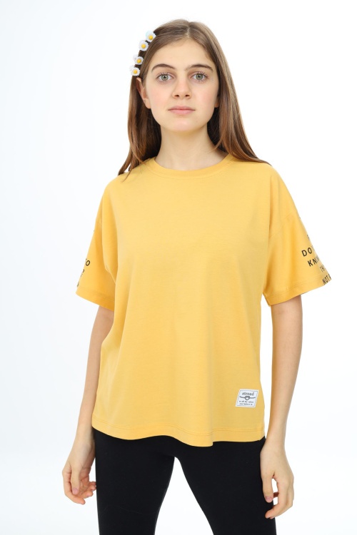 Hardal Kolları Yazı Baskılı Armalı Kız Çocuk Basic Tişört 17798