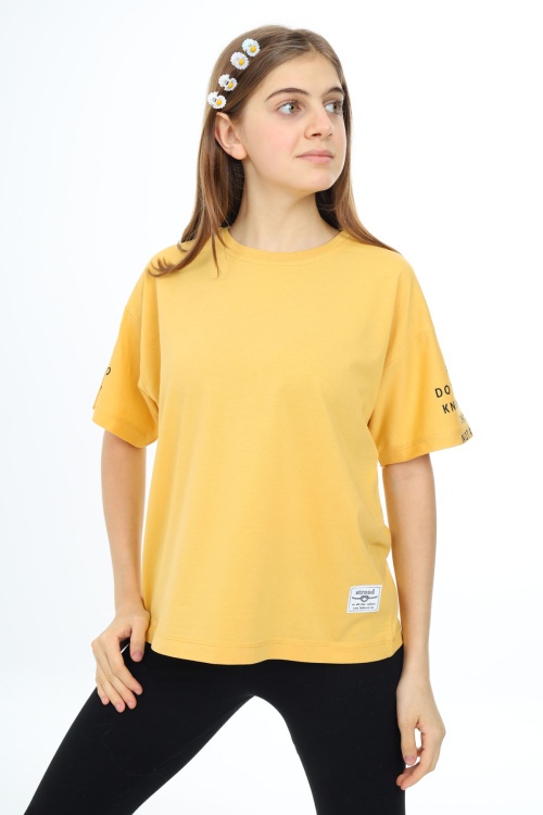 Hardal Kolları Yazı Baskılı Armalı Kız Çocuk Basic Tişört 17798