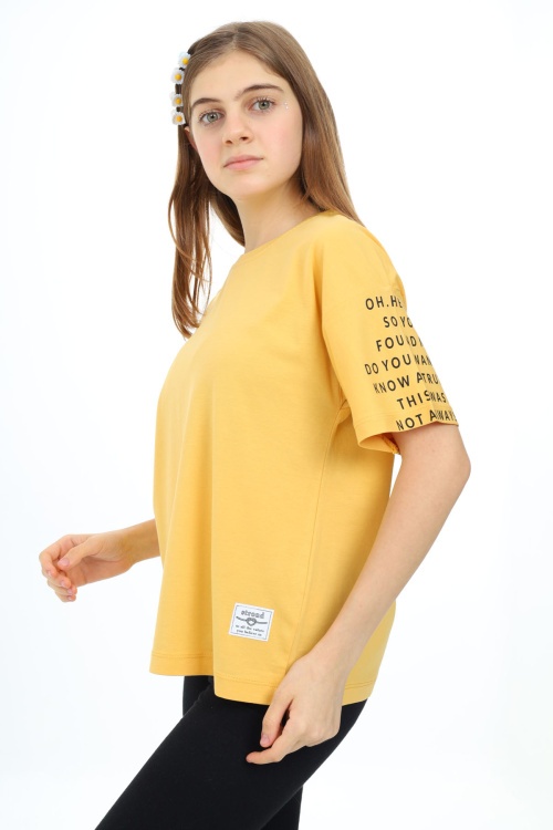 Hardal Kolları Yazı Baskılı Armalı Kız Çocuk Basic Tişört 17798