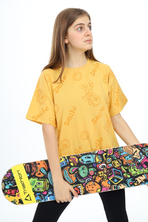 Hardal Smile Baskılı Bisiklet Yaka Kız Çocuk T-shirt 17767