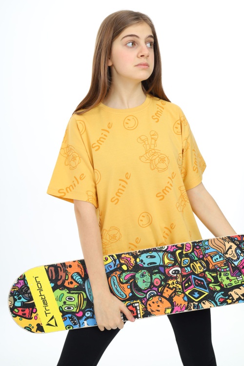 Hardal Smile Baskılı Bisiklet Yaka Kız Çocuk T-shirt 17767