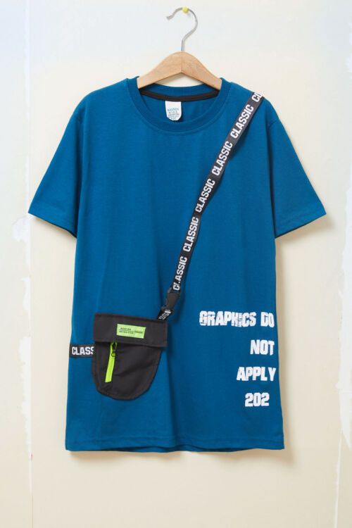 İndigo Yazı Şeritli Çantalı Erkek Çocuk T-shirt 17607