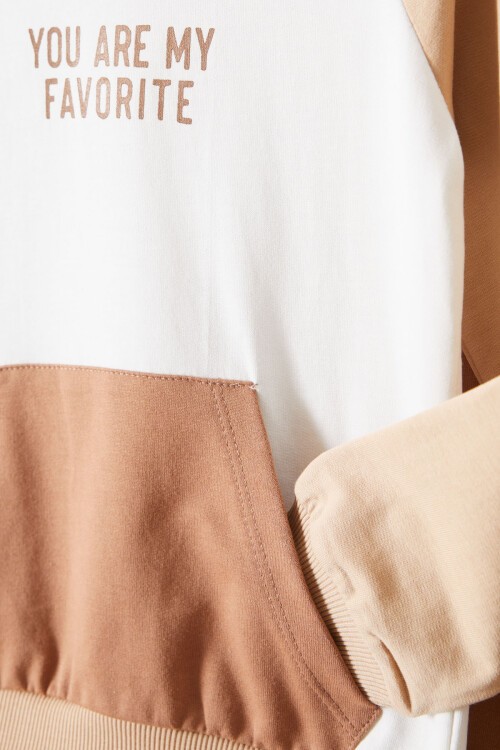 Kahve Kanguru Cepli Şeritli Erkek Çocuk Eşofman Takımı 17543