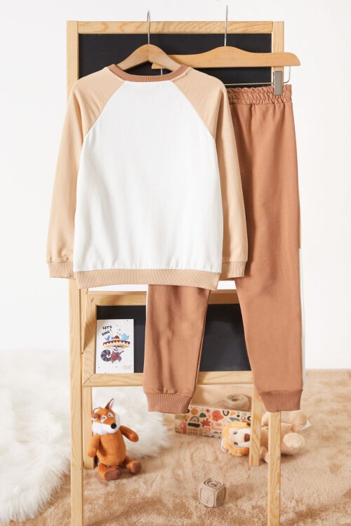 Kahve Kanguru Cepli Şeritli Erkek Çocuk Eşofman Takımı 17543