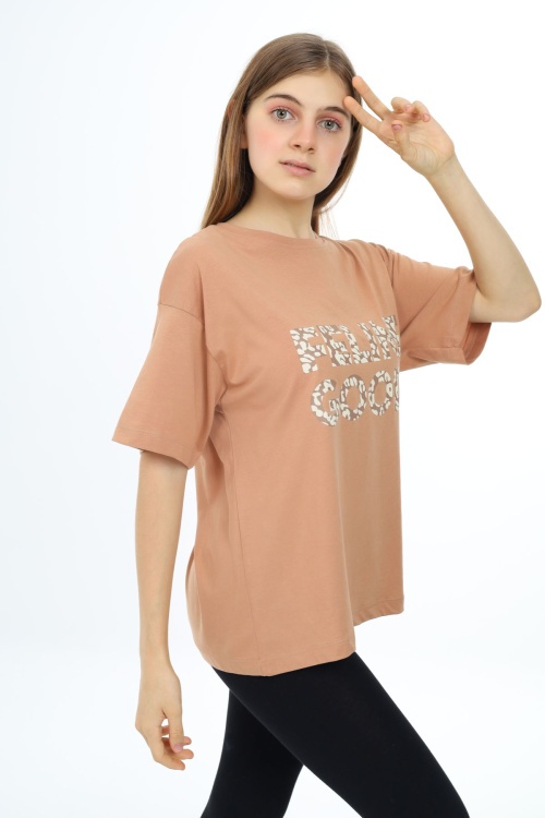 Kahve Leopar Desenli Yazılı Bisiklet Yaka Kız T-shirt 17777