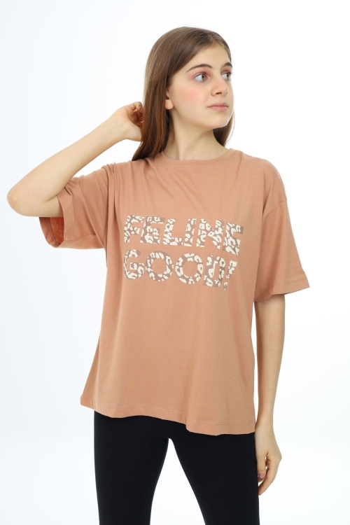 Kahve Leopar Desenli Yazılı Bisiklet Yaka Kız T-shirt 17777