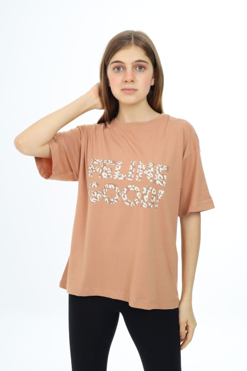 Kahve Leopar Desenli Yazılı Bisiklet Yaka Kız T-shirt 17777