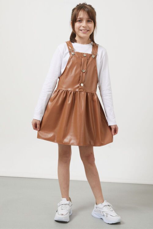 Kahverengi Askılı Kız Çocuk Suni Deri Salopet 17638