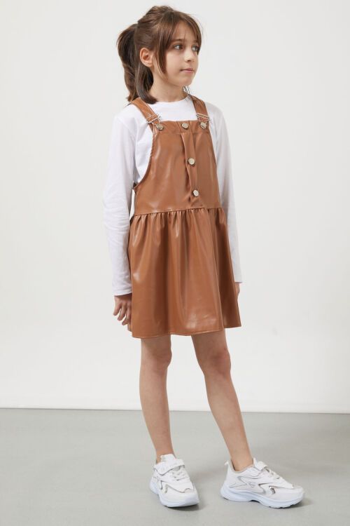 Kahverengi Askılı Kız Çocuk Suni Deri Salopet 17638