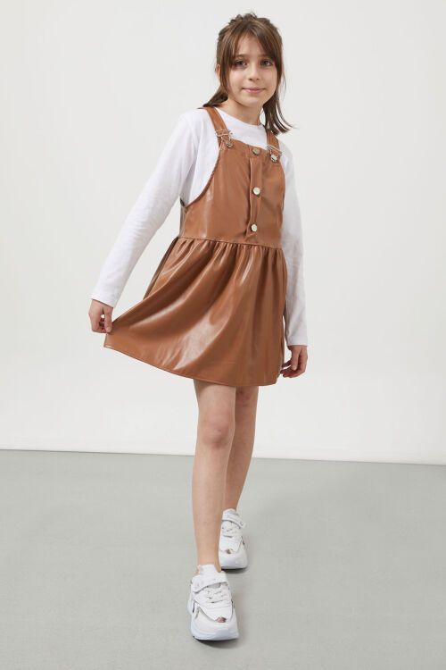 Kahverengi Askılı Kız Çocuk Suni Deri Salopet 17638