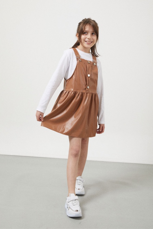 Kahverengi Askılı Kız Çocuk Suni Deri Salopet 17638