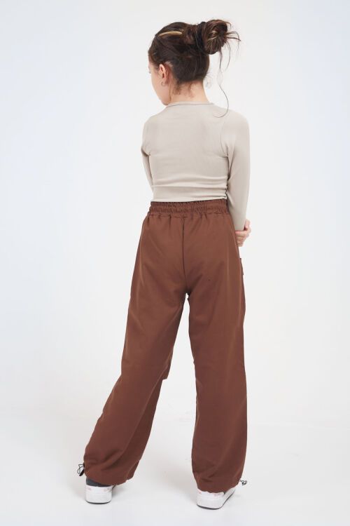 Kahverengi Bağcık Cep Detaylı Kız Çocuk Paraşüt Pantolon 17632