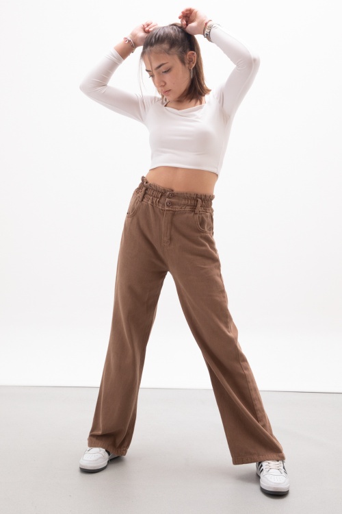 Kahverengi Beli Lastikli Geniş Paça Kız Çocuk Jean Pantolon 17987