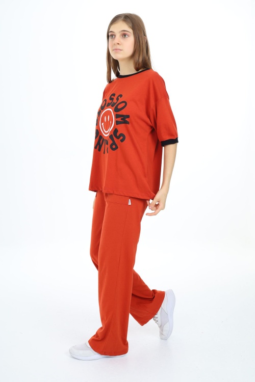 Kahverengi Blossom Yazı Baskılı Kız Çocuk Takım 17829