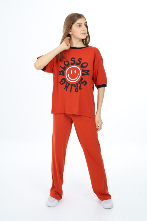 Kahverengi Blossom Yazı Baskılı Kız Çocuk Takım 17829