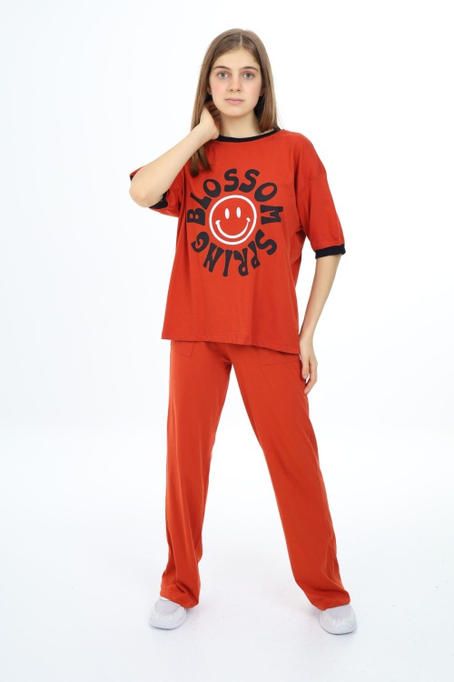 Kahverengi Blossom Yazı Baskılı Kız Çocuk Takım 17829