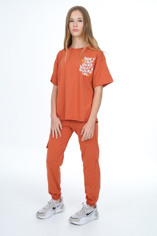 Kiremit Çiçek Baskılı Kız Çocuk Takım 17884