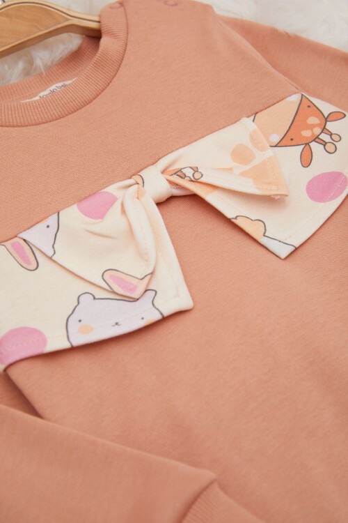 Kahverengi Çiçek Desenli Fiyonklu Kız Bebek Takım 17410