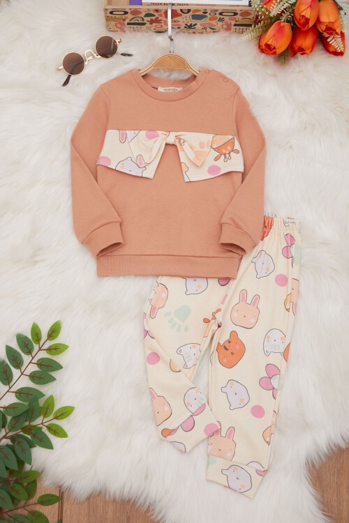 Kahverengi Çiçek Desenli Fiyonklu Kız Bebek Takım 17410