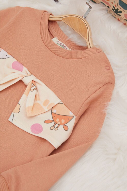 Kahverengi Çiçek Desenli Fiyonklu Kız Bebek Takım 17410