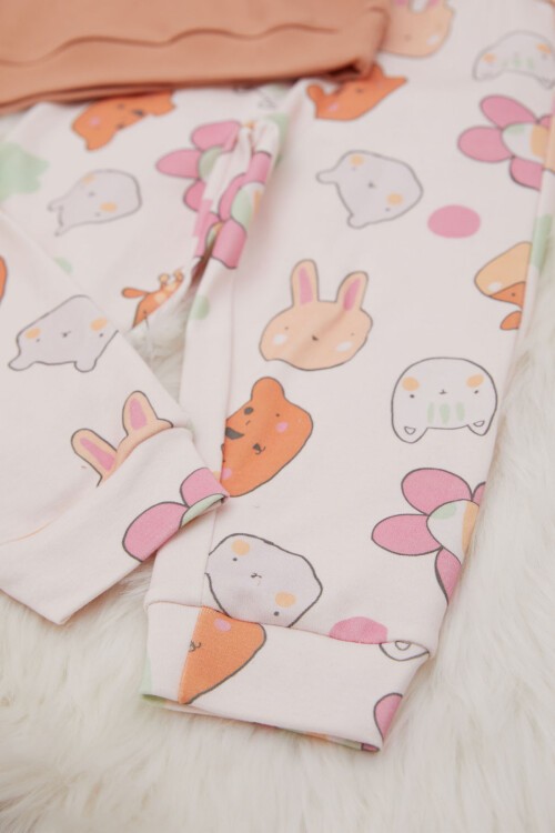 Kahverengi Hayvanlar Alemi Desenli Kız Bebek Takımı 17414