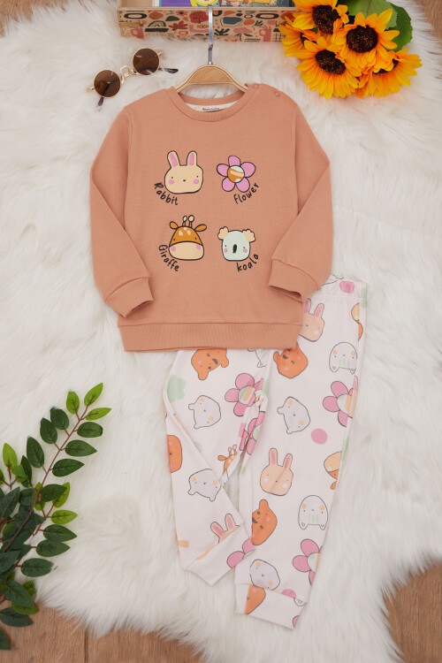 Kahverengi Hayvanlar Alemi Desenli Kız Bebek Takımı 17414