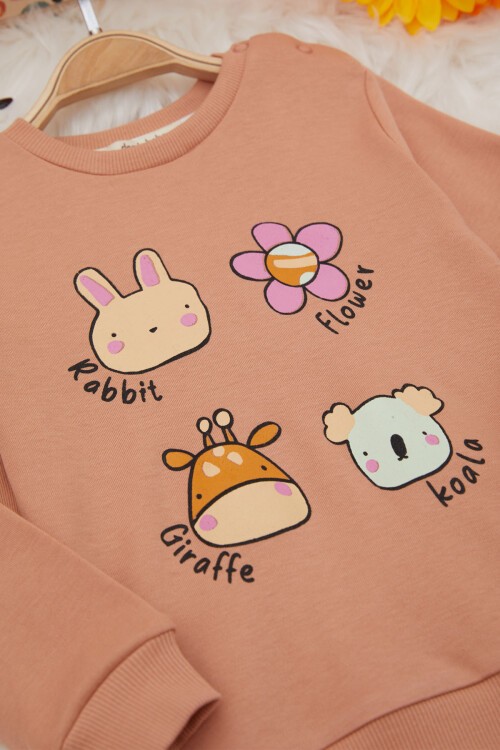 Kahverengi Hayvanlar Alemi Desenli Kız Bebek Takımı 17414