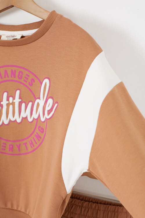 Kahverengi Kabartmalı Yazılı Şeritli Kız Çocuk Eşofman Takımı 17386