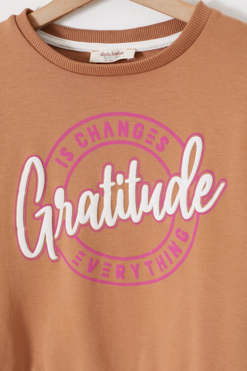 Kahverengi Kabartmalı Yazılı Şeritli Kız Çocuk Eşofman Takımı 17386