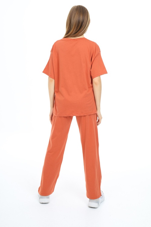 Kahverengi Kalp Baskılı Kız Çocuk Takım 17892