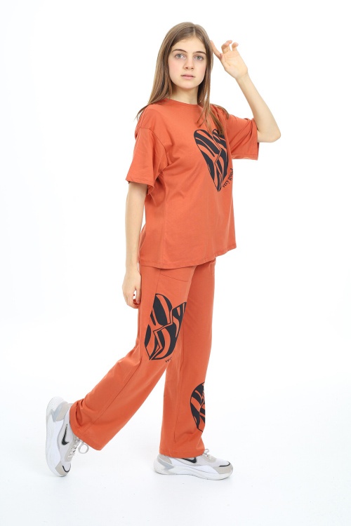 Kahverengi Kalp Baskılı Kız Çocuk Takım 17892