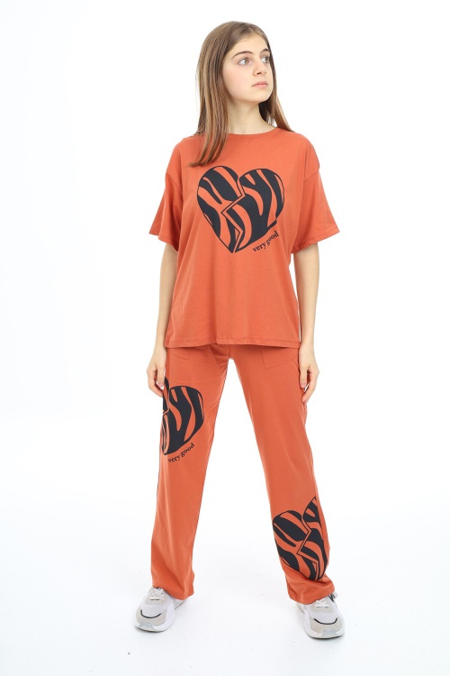 Kahverengi Kalp Baskılı Kız Çocuk Takım 17892